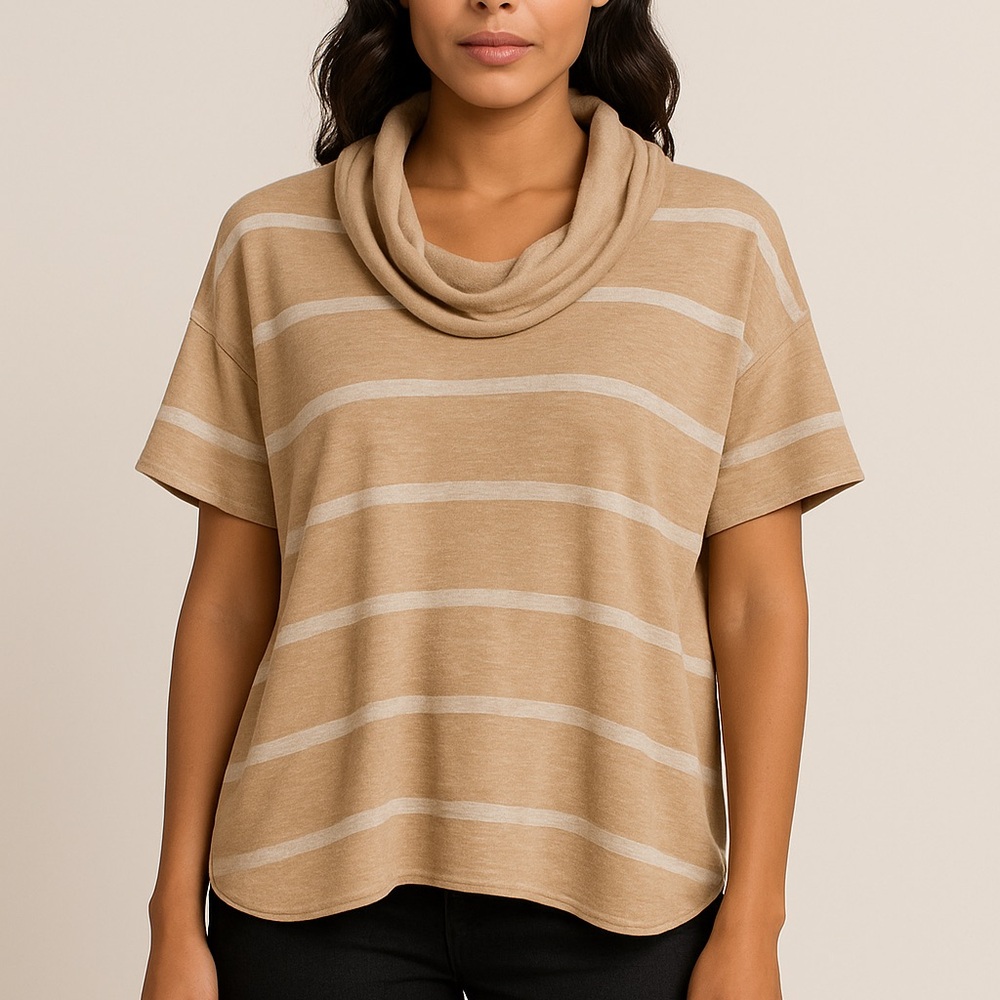 Splendid Cowl Neck Striped Short Sleeve Top Small Tan Beige Relaxed Fit